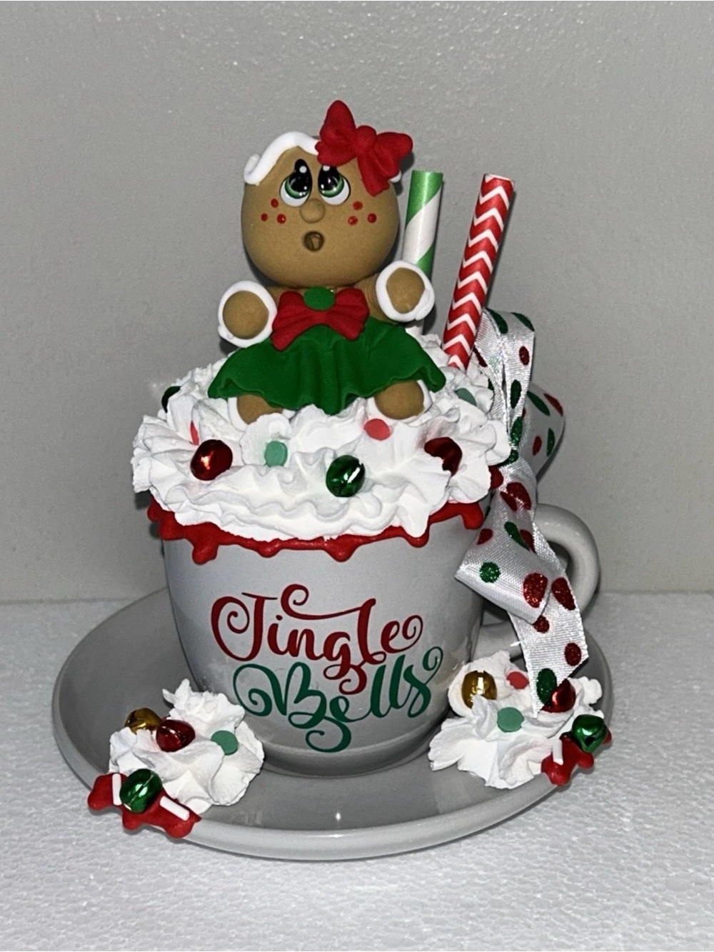 Jingle Bells Fake Gingerbread Cup Holiday Décor - Red & Green Handmade
